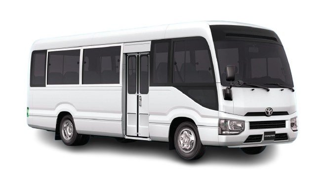 The Toyota Coaster minibus is designed with a spacious interior, ensuring a relaxing journey for eve